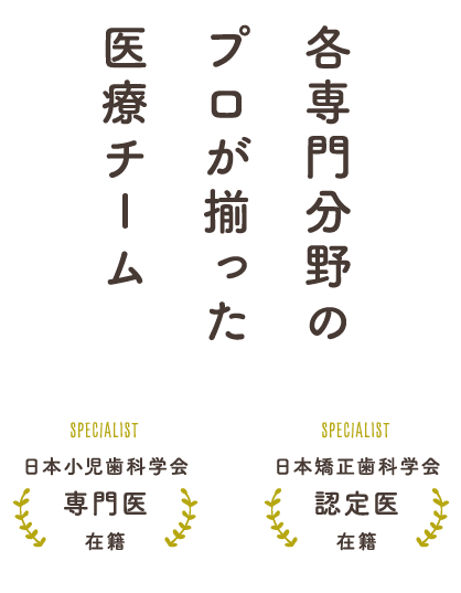 各専門分野のプロが揃った医療チーム 日本小児歯科学会専門医在籍 日本矯正歯科学会認定医在籍